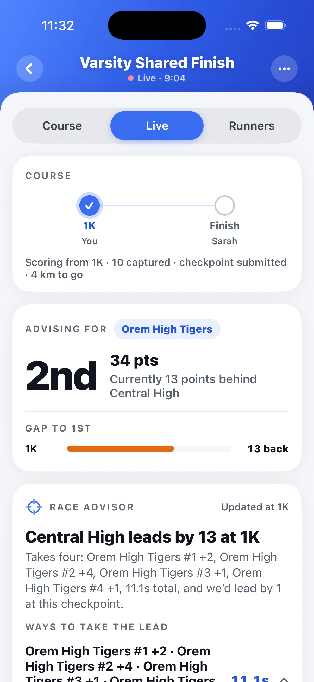 The Live view shows a sample team standing and a Race Advisor summary after a checkpoint is submitted.
